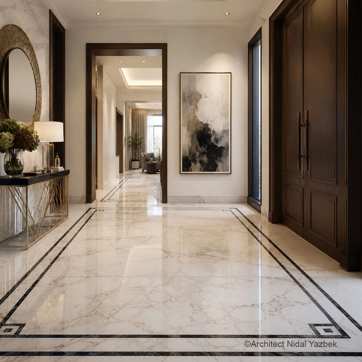 X4 Design and Build marble entrance flooring, luxury villa corridor, polished stone floor, black marble border, clean joint lines, premium interior finishing