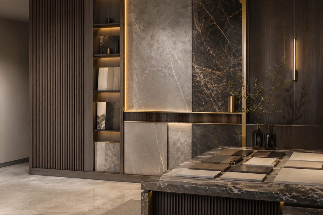 X4 Design and Build Dubai luxury fit-out interior with marble wall panels, wood details, stone finishes, and premium material selection