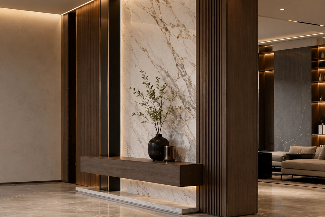 Luxury Dubai interior fit-out by X4 Design and Build with marble feature wall, wood cladding, concealed lighting, and elegant modern finishing