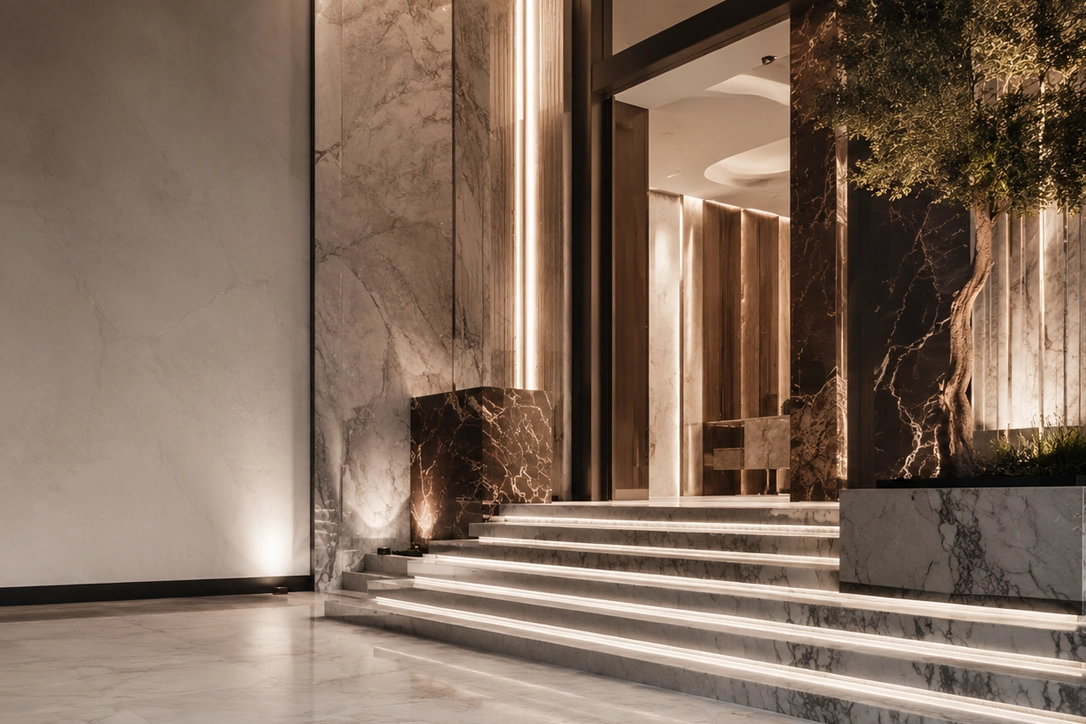 High-end marble staircase and stone entrance design in Dubai with luxury lighting, premium cladding, and refined fit-out details