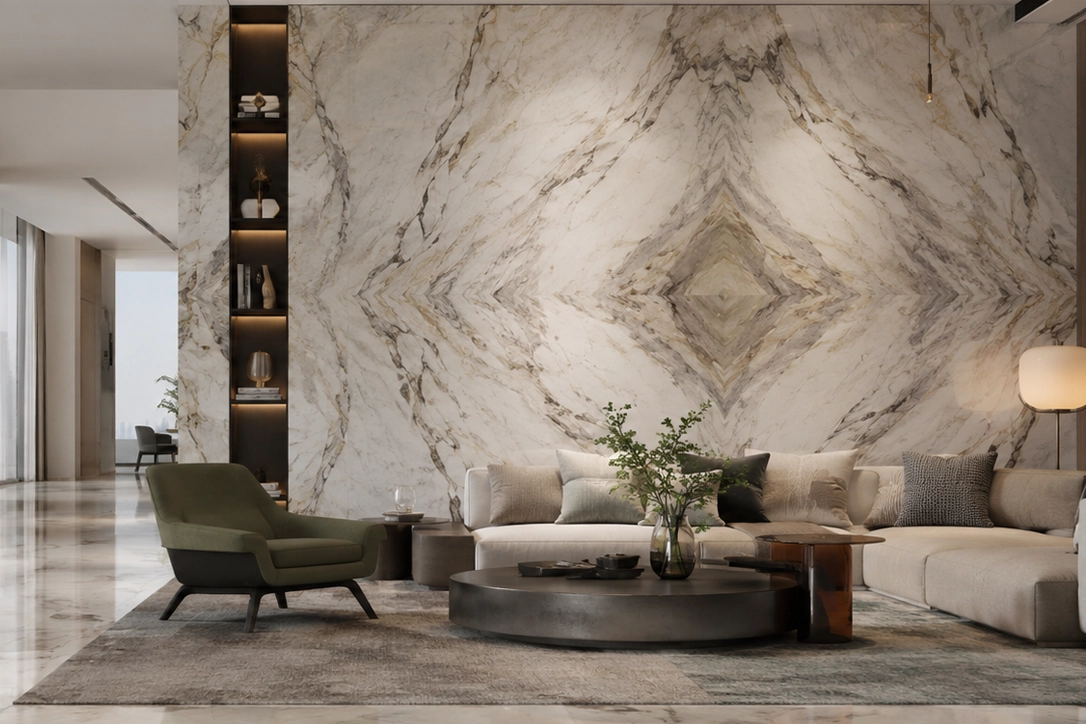 Luxury living room fit-out in Dubai with bookmatched marble feature wall, modern furniture, stone flooring, and elegant interior styling
