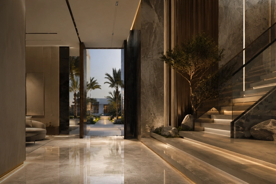 Premium villa entrance interior by X4 Design and Build with marble flooring, staircase lighting, wood accents, stone walls, and luxury Dubai fit-out